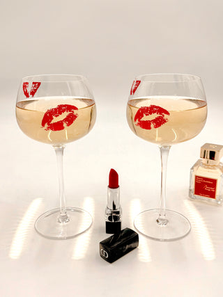 ‘Kiss Me, If You Adore Me’ Glass Cup Set side by side.