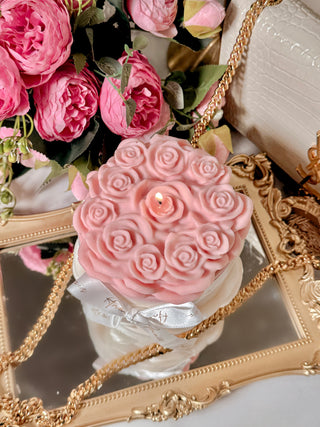 Lavish Rose Bouquet Candle in Pink - XXL close up detail with lit wick.