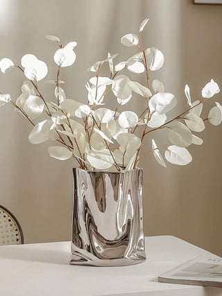 Luxe Bag Vase - Sliver Electroplated with white petaled florals.