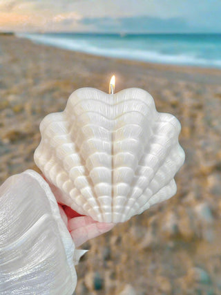 Modern Scallop Shell Candle - XXL on a beach.