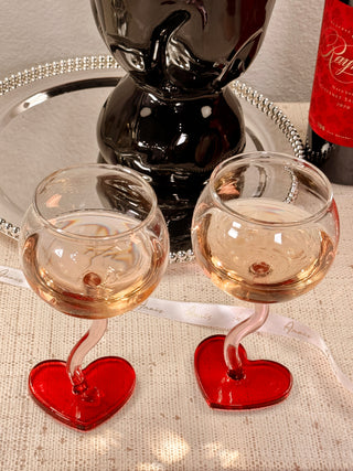 “My Valentine” Wine Glass Cup Set of 2 atop a luxurious credenza.