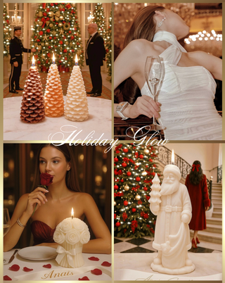 Christmas-themed collage of an Anais candle, a woman with a 100-carat cup, and a Santa Claus candle.
