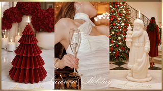 Christmas-themed collage of an Anais candle, a woman with a 100-carat cup, and a Santa Claus candle.