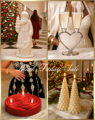 Collage of Christmas-themed products including a Santa figure, candles, and a couple with champagne glasses.