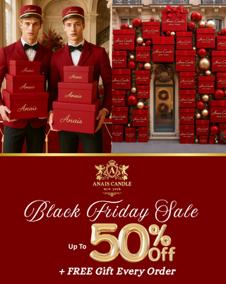 Two men in red uniforms holding boxes with 'Anais' branding, surrounded by more boxes and decorative elements, with a promotional message for a Black Friday sale.