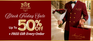 Promotional banner for Anais Candle Black Friday Sale with a person holding flowers and a bag.