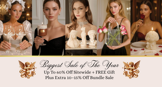 Promotional banner with models holding various items and text about a sale event.
