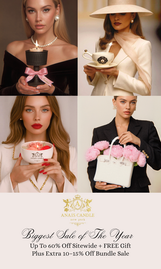 Collage of a woman holding various products with promotional text for a sale.