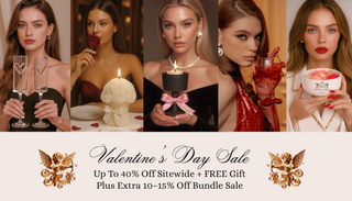 Collage of a woman holding various products with promotional text for a sale.