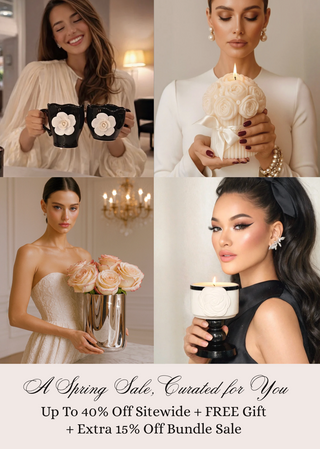 Woman holding a candle with floral design, surrounded by promotional text for a spring sale.