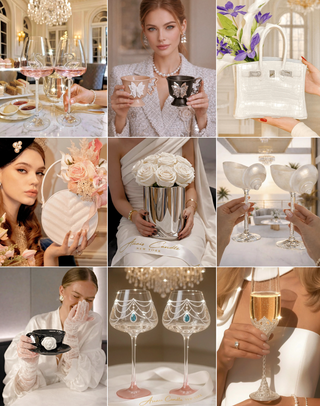 Collage of images featuring elegant table settings, jewelry, and decorative items.