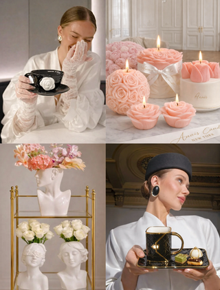 Collage of a woman with tea, decorative candles, floral arrangements, and a woman with a tray of tea.