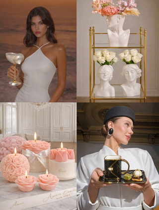 Collage of a woman in a white dress with a cocktail, decorative candles, and a woman with a coffee cup.