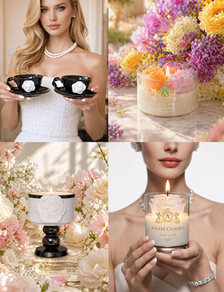 Collage of a woman holding teacups, a floral arrangement, candles, and a woman holding a candle.