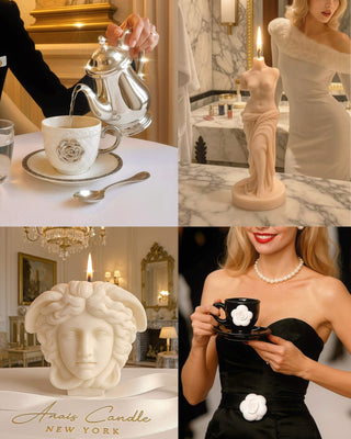 Collage of a person pouring tea, a marble statue, a candle with a face design, and a woman in a black dress holding a teacup.