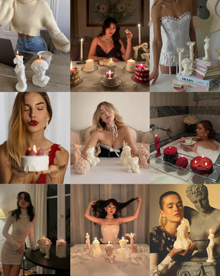 Collage of Anais Candle's influencer photos including greek sculpture candles.