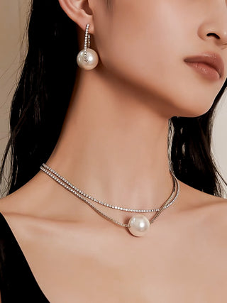 Inaya Pearl With Rhinestones Tennis Chain 2-Way Necklace