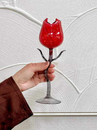 Rose For Rosé Glass Cup in Red - Handcrafted in front of an artsy, 3d plaster print.