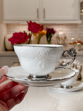Silver Trim Embossed Coffee/Tea Cup Set