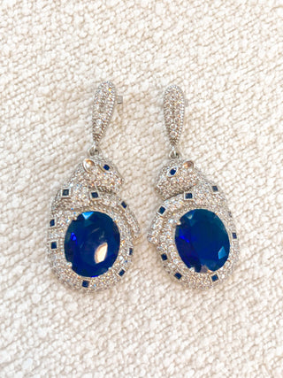 Tiger With Sapphire Rhinestones Earrings in Sliver