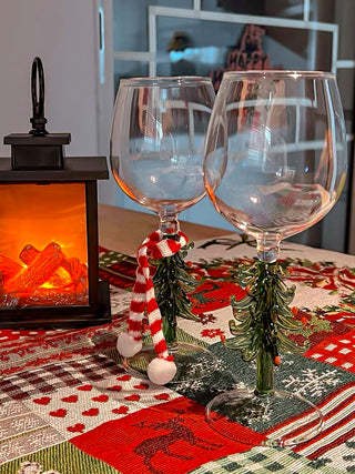 Christmas Tree Glass Cup - Handmade set on top of a Christmas tablecloth.