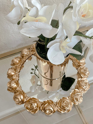 Golden Roses Mirror Tray with a luxurious potted plant on top.