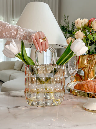 Camélia Padded Glass Handbag Vase in Amber.