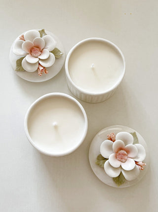 Ceramic Floral Candle in White - Hand Sculpted.
