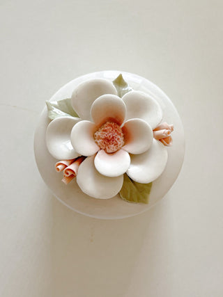 Ceramic Floral Candle in White - Hand Sculpted.