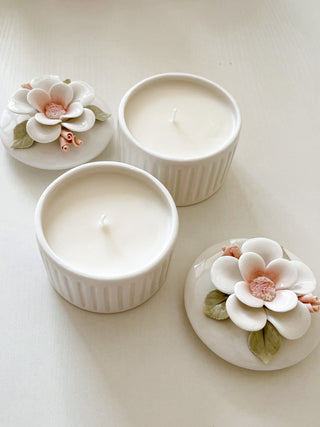 Ceramic Floral Candle in White - Hand Sculpted.