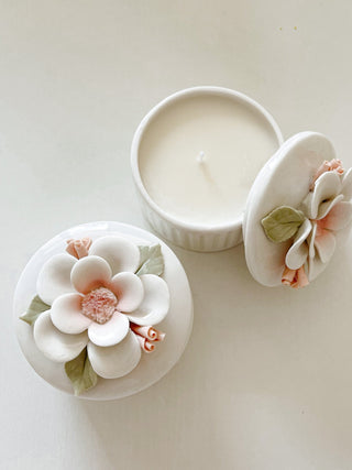 Ceramic Floral Candle in White - Hand Sculpted.