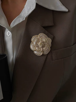 Elianna Flower Blazer Pin in White.