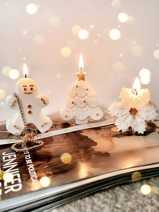 Gingerbread Man, Flocked Tree & Snowflake Candle Set.