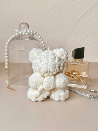 Rose Bear Candle In White.