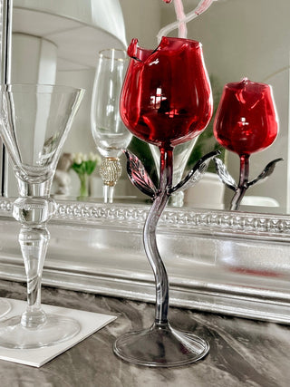 Rose For Rosé Glass Cup in Red - Handcrafted in front of a silver and chrome framed mirror and luxury lamp.