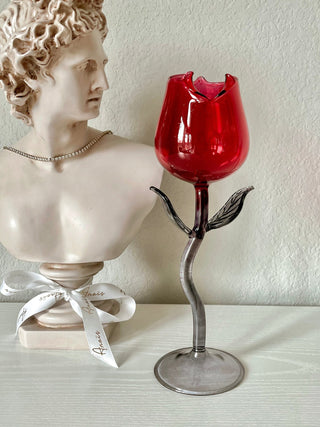 Rose For Rosé Glass Cup in Red - Handcrafted next to an ancient sculpture bust.
