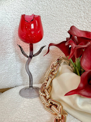 Rose for Rose Glass Cup Set of 2 with a backdrop of a high class restaurant with double height ceilings and luxurious dinnerware.